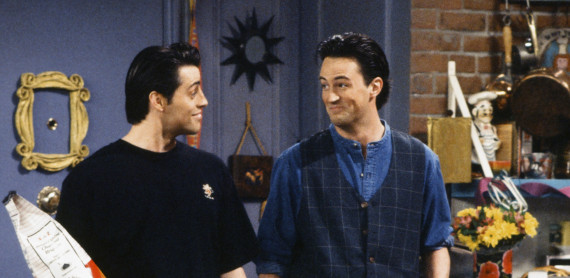 FRIENDS -- "The One Where Rachel Finds Out" Episode 124 -- Pictured: (l-r) Matt LeBlanc as Joey Tribbiani, Matthew Perry as Chandler Bing -- (Photo by: Alice S. Hall/NBC/NBCU Photo Bank via Getty Images)